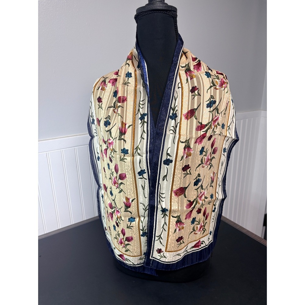 Liz Claiborne Womens Floral Scarf Navy Blue Cream Pink Tulip Sheer Rectangular